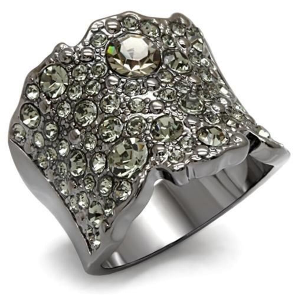 Gunmetal Gothic Statement Ring Smoky Crystal Rhinestone Wide Cocktail SZ 9